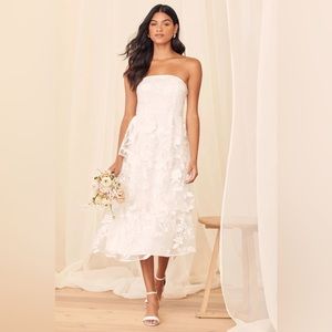 LULUS- Loving With You White Embroidered Tiered Strapless Midi Dress, Small